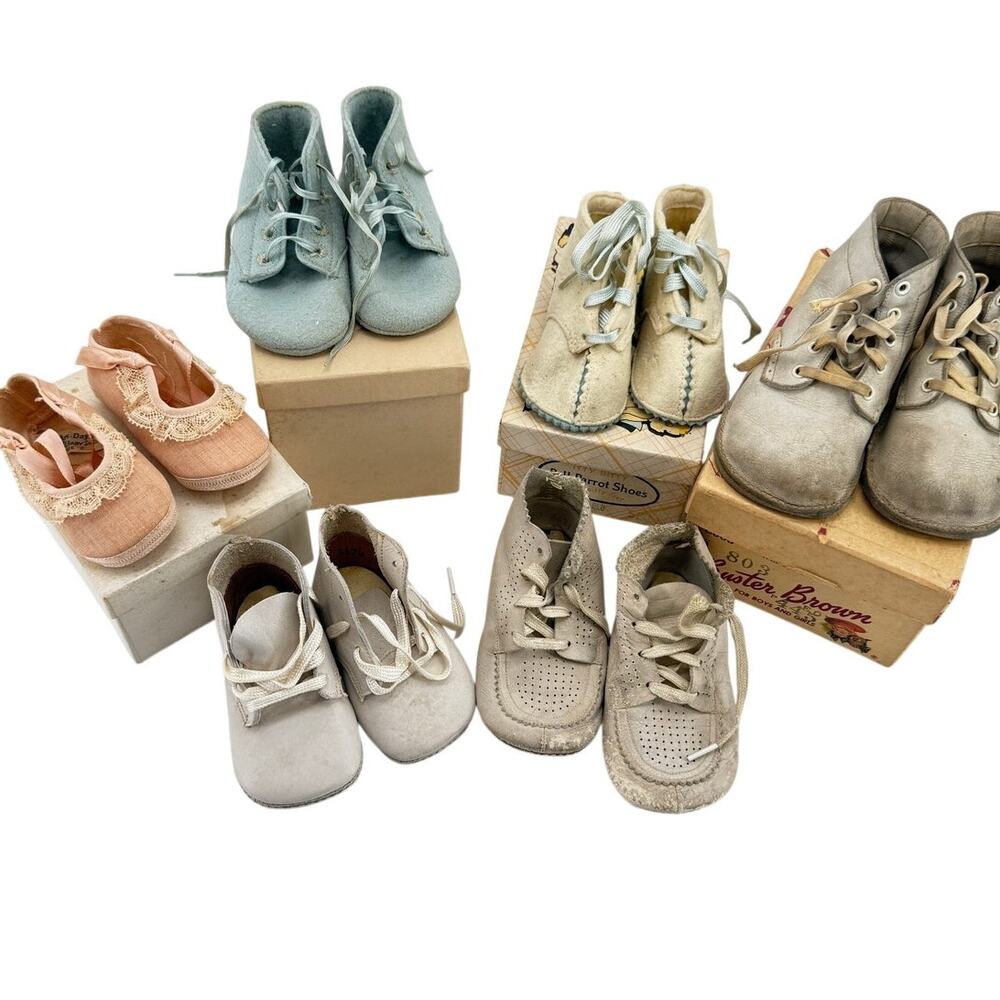 Vintage Baby Shoes Lot 6 Pairs Buster Brown Baby Deer Leather Felt 1940s 1950s